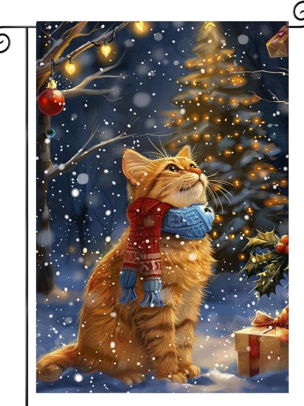 Winter Garden Flag Orange Cat Snowy Tree 12 x 18 Inch